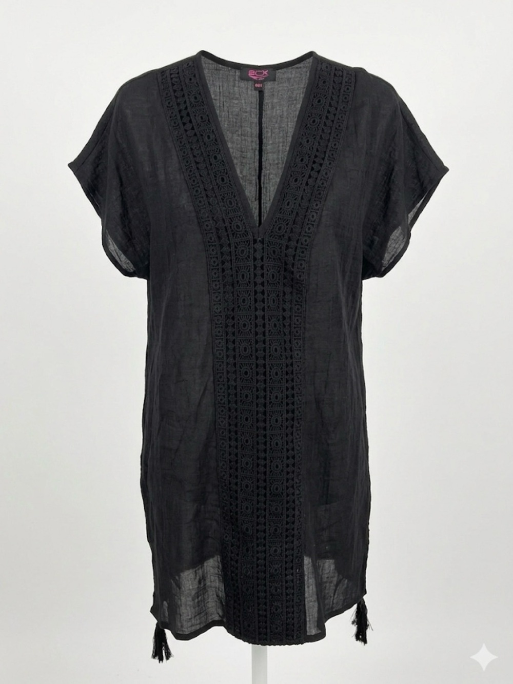 ⁠ACX Black Crochet Lace V-Neck Swim Cover Up Dress M⁠medium